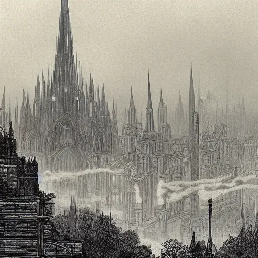 Prompt: dieselpunk city pollution river fog hanging wires cathedral in the style of gustave dore photograph color dreamlike hatching high detailed perspective wide angle