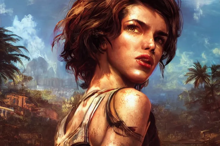 Image similar to fallout 5, charismatic beautiful rugged brunette female protagonist, portrait, outdoors tropical cityscape, atmospheric lighting, painted, intricate, volumetric lighting, beautiful, daytime, sunny weather, few clouds, sharp focus, deep colours, ultra detailed, art by william turner