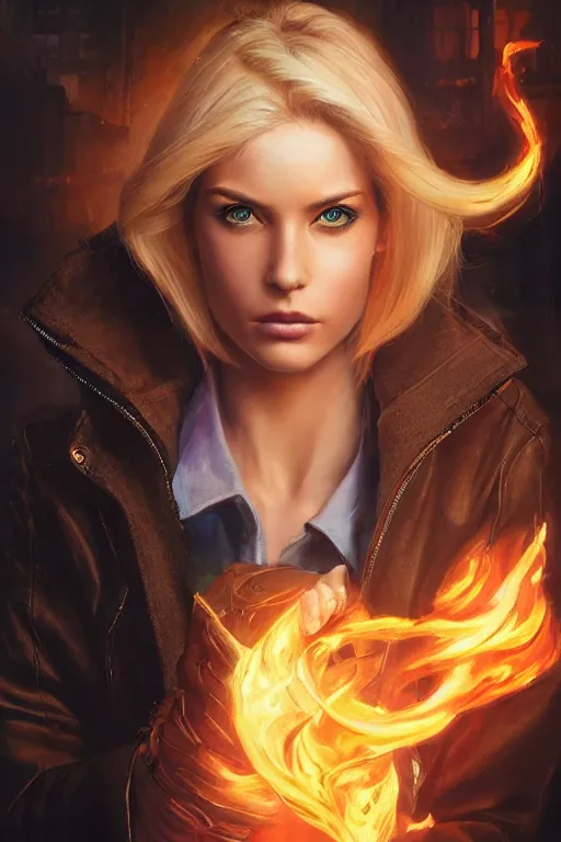 Prompt: wonderful young blonde woman with flames dancing on her hands with a long jacket in a cyberpunk city, realistic, high definition, detailed and symetric face, detailed and realistic hands, expressive eyes, 4 k, shimmering color, art by artgerm ans greg rutkowski and magali villeneuve