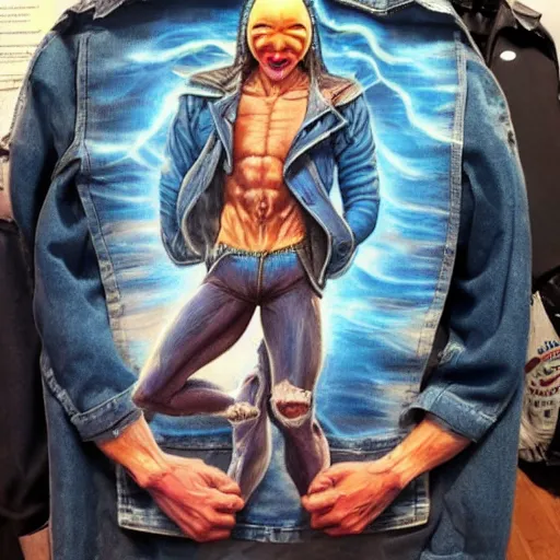 Image similar to ripped physique telekinesis man disguised as a mosquito whilst wearing a denim jacket leonardo da vinci jean sebastien rossbach jeff easley jen bartel staedtler