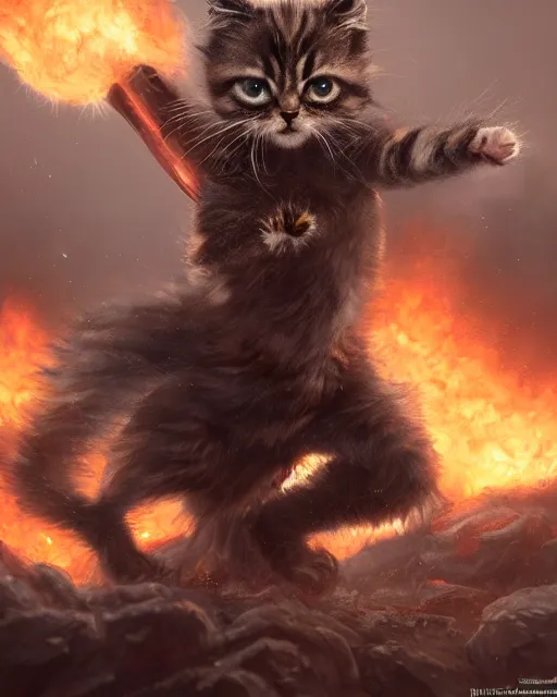 Image similar to oil painting of Angry Anthropomorphized Kitten Berserker, wearing fur armor, claws, sharp focus, attack pose, fantasy style, octane render, volumetric lighting, 8k high definition, by greg rutkowski, highly detailed, trending on art Station, magic the gathering artwork, burning Battlefield background, centered