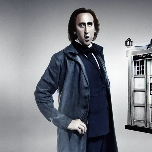 Prompt: nicholas cage as doctor who, 1 9 7 0 s, wide shot