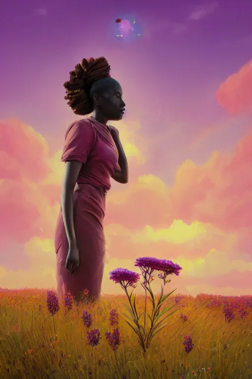 Prompt: closeup, large flower as head, an african woman in the heather field, surreal photography, golden hour, colorful clouds, impressionist painting, digital painting, artstation, simon stalenhag