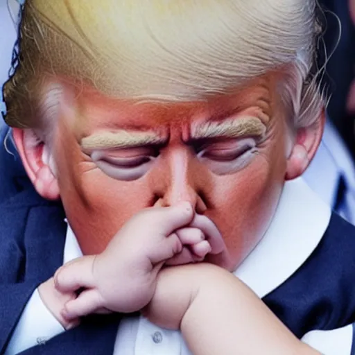 Prompt: Donald Trump crying behind a small child, realistic, photograph