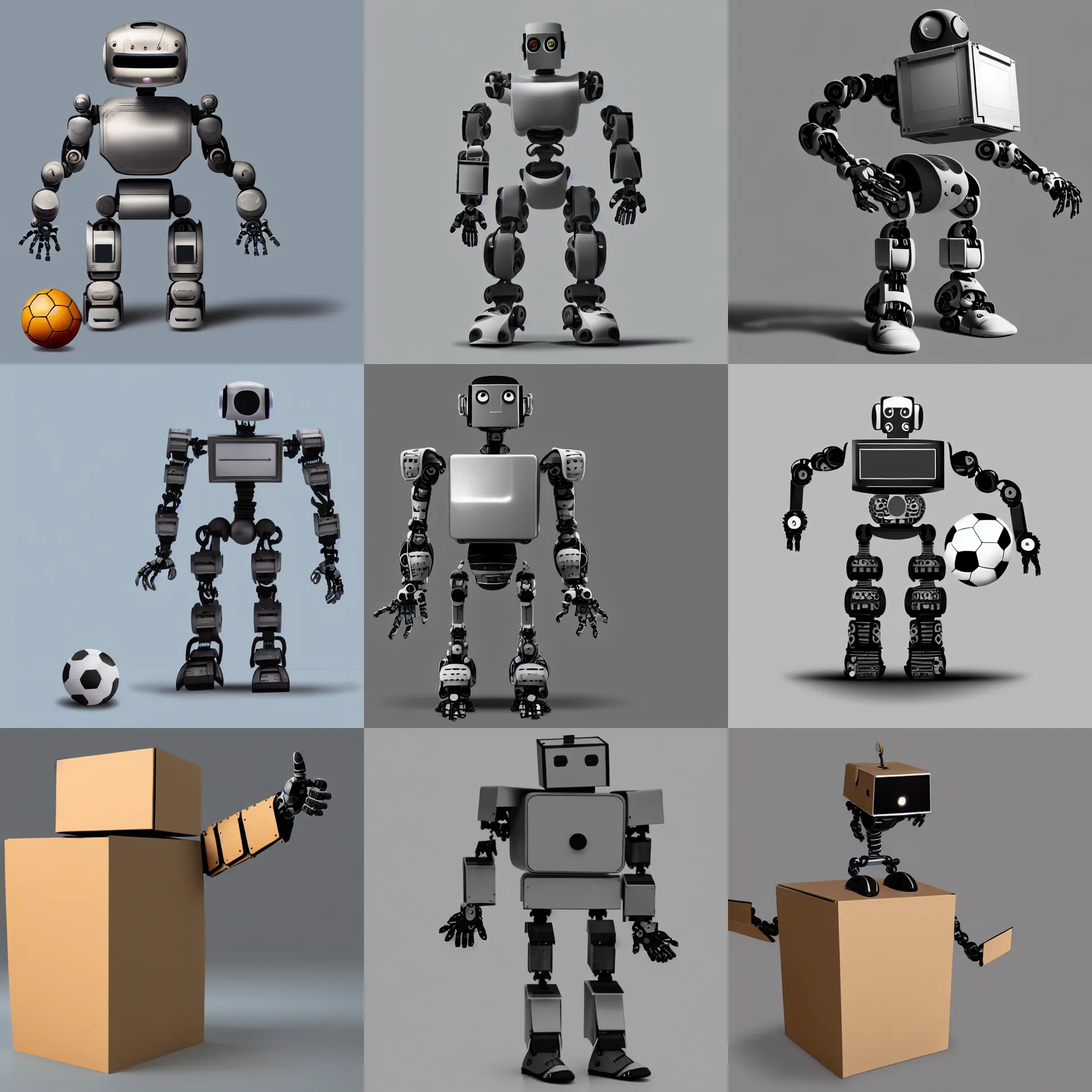 Prompt: photorealistic concept art for a robot design, with a cardboard box as the body and a soccer ball for its head