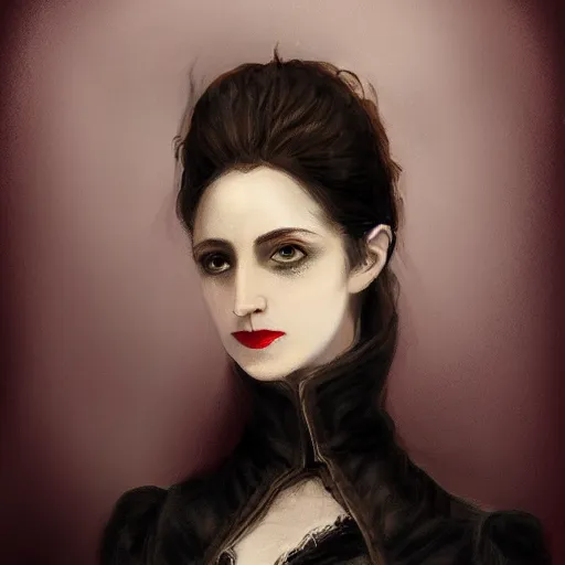 Image similar to head and shoulder professional portrait of a victorian female vampire, painted in the style of bloodborne, muted colors, vampire fashion, highly detailed, melancholy, vampire teeth