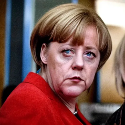 Image similar to Angela Merkel dressed as Eminem in the movie 8 mile, movie still