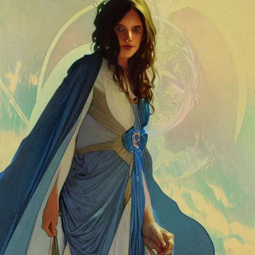 Prompt: Female wizard with blue robes, digital art, art by Alphonse Mucha, Greg Rutkowski, Alex Ross, WLOP, Artstation, 8K
