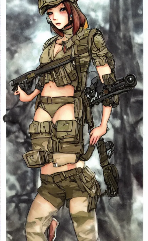 Prompt: girl, trading card front art, soldier clothing, human anatomy, matte, illustration, by ayaka on pixiv