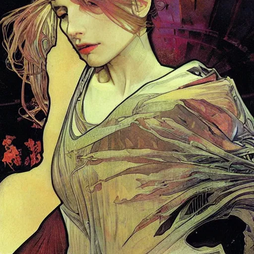 Image similar to cyberpunk dreaming by dave mckean and alphonse mucha