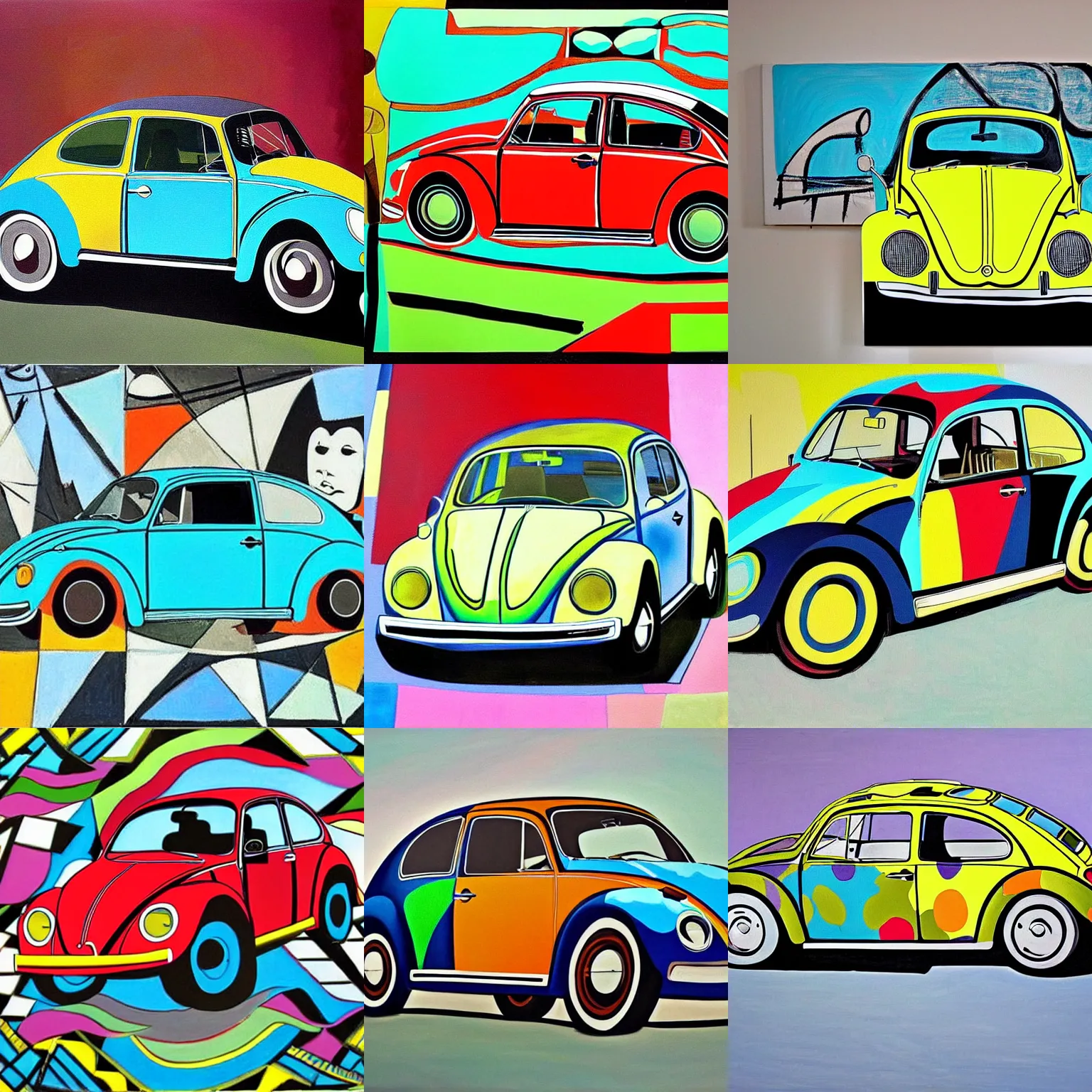 Prompt: painting of a 1970 vw beetle painted by picasso