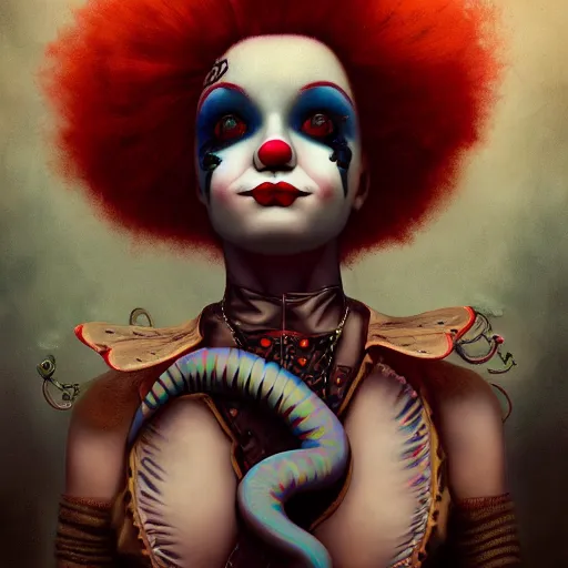 Prompt: photorealistic soft paint of a curiosities carnival, single young beautiful clown dollpunk in a full steampunk corset snakes haircut, symmetry accurate features, ominous depths, elegance, focus, rainbow lighting, very high details, award winning masterpiece, behance, by tom bagshaw
