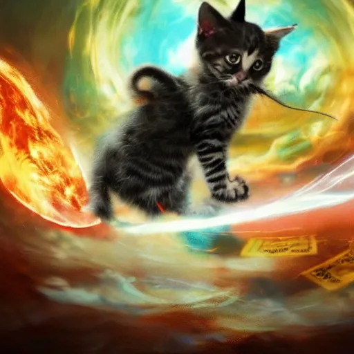 Image similar to a magic the gathering card of a kitten blowing up a planet