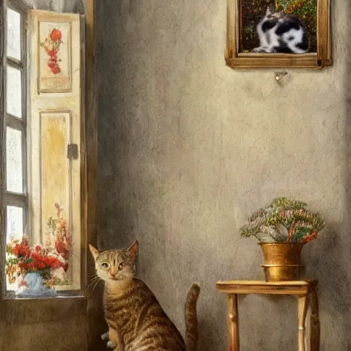 Prompt: very very very very beautiful photo of the cat sitting in provence style interior room, photorealism,