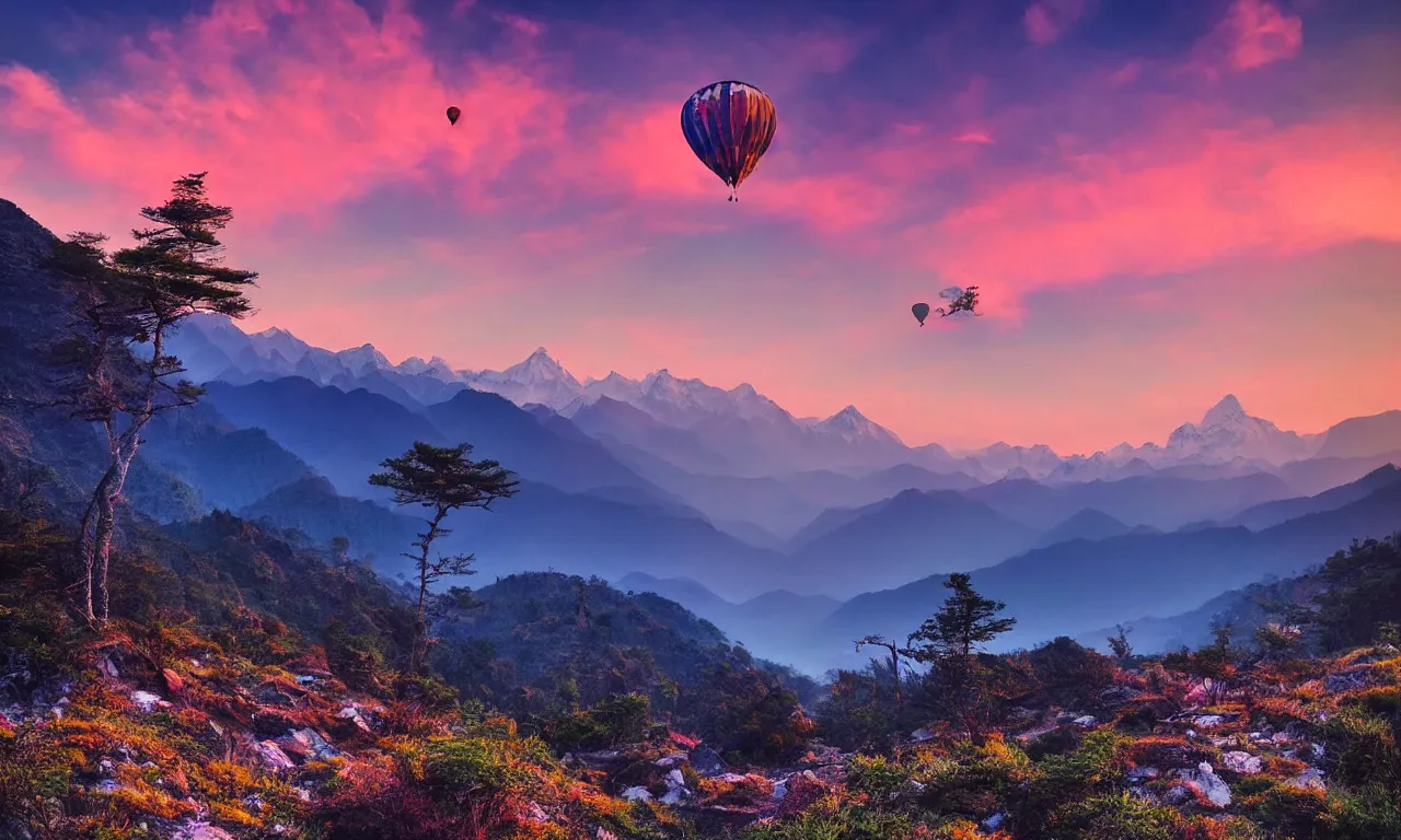 Prompt: breathtaking himalayan landscape, pastel sunset, lake, pine trees, hot air balloon, last light on a mountain top, dreamy colors, photorealistic, landscape photography, beautiful, 4 k, trending on artstation, serene, bliss, national geographic