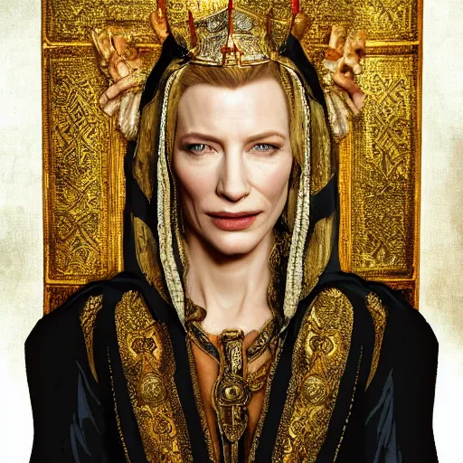 Image similar to Portrait cate blanchett ancient biblical, sultry, sneering, evil, pagan, wicked, queen jezebel, wearing gilded ribes, highly detailed, masterpiece 8K digital illustration