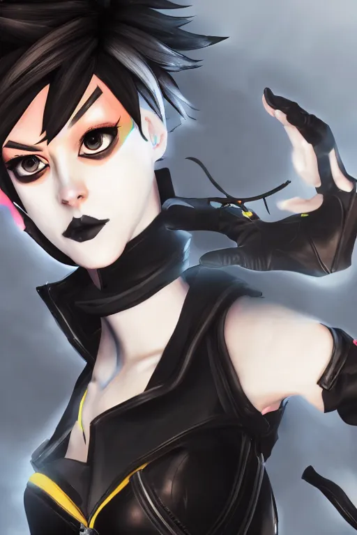 Prompt: digital drawing of tracer from overwatch in a goth style, wearing black lipstick and black eyeliner, 4 k, artstation, beautiful artwork, volumetric lighting, extremely detailed, focus on face, fog,