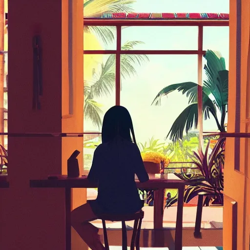 Image similar to a thin, pretty young Filipino woman with long hair sits near the window of a cute seaside Cafe drinking an espresso, golden dramatic morning light, cozy, tropical plants, beautiful anime style art, trending on artstation