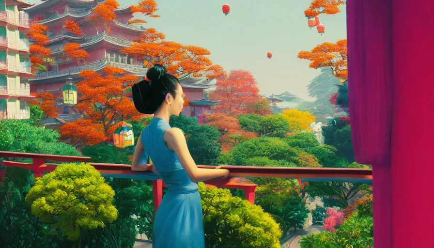 Prompt: a vibrant dream hallucination of a beautiful girl wearing gucci from behind on a balcony looking out over kyoto japan, lush plants, glowing lanterns, high fashion, by moebius, edward hopper and james gilleard, zdzislaw beksinski, james jean, steven outram hd, 8 k, trending on artstation, uhd,