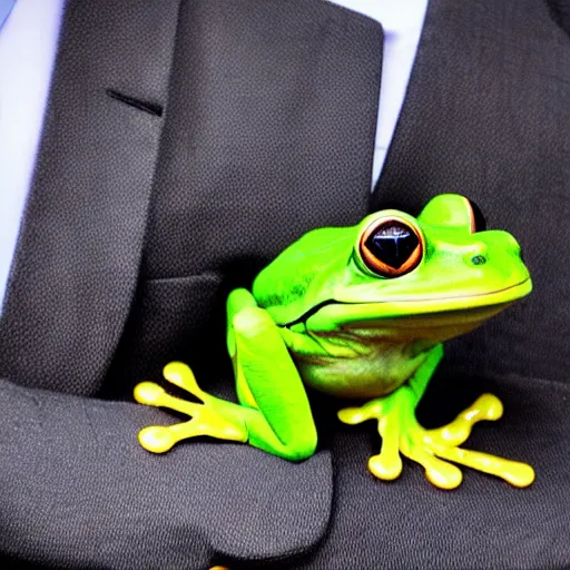 Prompt: A photo of a frog with a hat, he is dressed in a suit, he looks very sophisticated