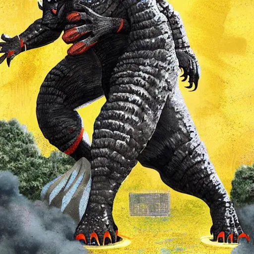 Prompt: shaquille o'neal blocking an attack from godzilla, digital art