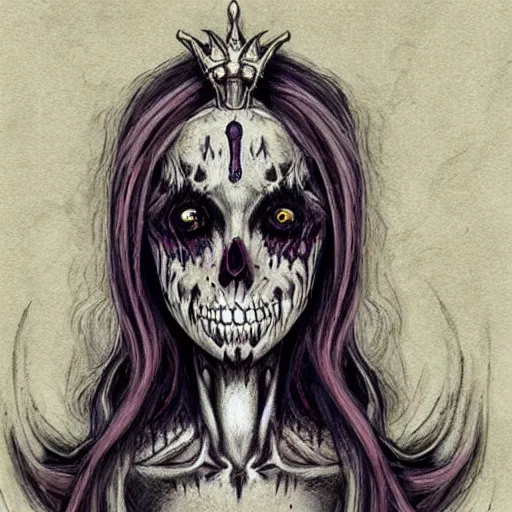 Prompt: Horrific death princess, ghastly creature portrait, extremes realistic lich, dark, eerie, creepie