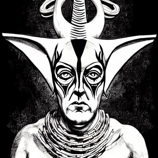 Image similar to graphic illustration, creative design, aleister crowley with baphomet, biopunk, francis bacon, highly detailed, hunter s thompson, concept art