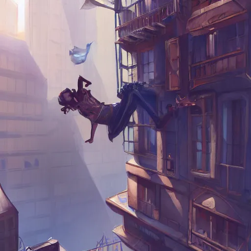 Prompt: First person POV of a character jumping through the window of a tall building in a bustling steampunk city built in the desert, game concept art, artstation, digital painting