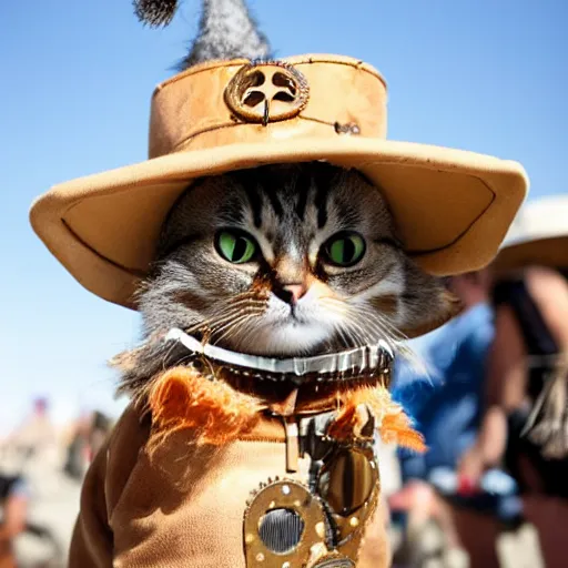 Prompt: a very cute cat wearing steampunk costume at burning man