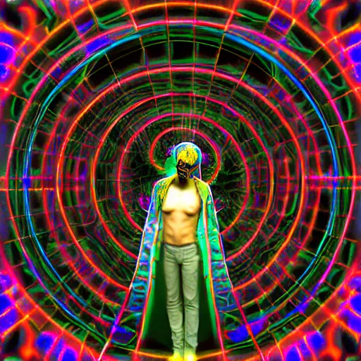 Image similar to a psychedelic cosmic mystic poet in the metaverse, his job is to digitize emotions for new constructions and virtual and artificial creations