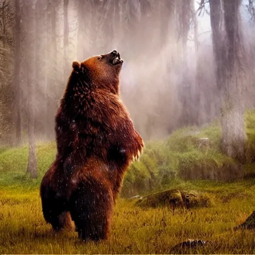 Prompt: shaman in the bear skin dancing in the field under the epic colourful rain, photo realistic, highly detailed, hyperrealistic, Chronicles of Narnia movie style 8k,