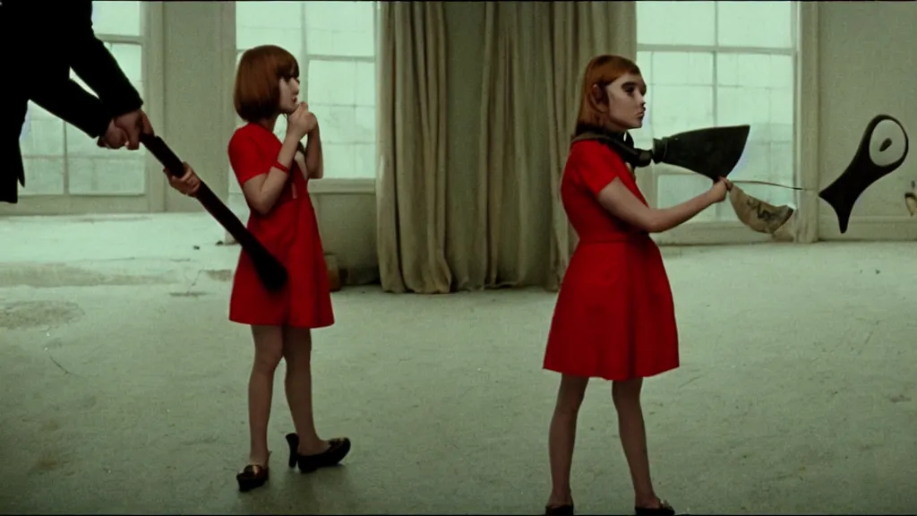 Prompt: A girl in a mod dress holding an axe confronts the monster, Film still from Wes Anderson, wide lens