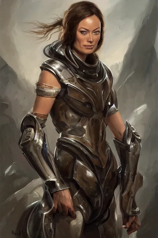 Image similar to a professional painting of a young Olivia Wilde, clothes in military armor, olive skin, long dark hair, beautiful bone structure, symmetrical facial features, intricate, elegant, digital painting, concept art, smooth, sharp focus, illustration, from StarCraft by Ruan Jia and Mandy Jurgens and Artgerm and William-Adolphe Bouguerea