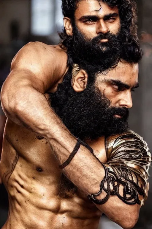 Image similar to beautiful gigachad with slick brown beard, wavy hair, huge glistening muscles, many scars, wearing golden armour. bollywood action movie still.