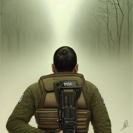 Image similar to kim kardashian as a cop, police uniform, portrait, scared emotion, haunted forest with ufo sitting in the distant fog, pretty, aesthetic, dust molecules, matte detailed photo, DeviantArt, Artstation, by donato giancola, ralph horley, loish, ufo lighting