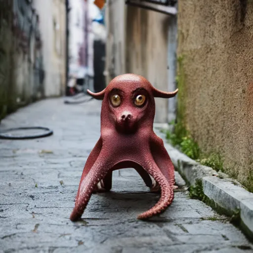 Image similar to fully clothed octopus dog walking down an alley