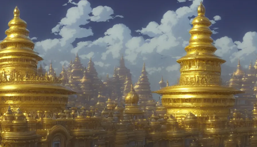 Prompt: A highly detailed matte painting of a golden palace, by Studio Ghibli, Makoto Shinkai, by Artgerm, by beeple, by Greg Rutkowski, volumetric lighting, octane render, 4K resolution, trending on artstation, masterpiece