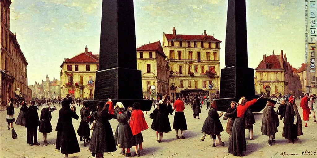 Prompt: people dancing around a black obelisk, old square in a beautiful town, high details, by leon augustin lhermitte