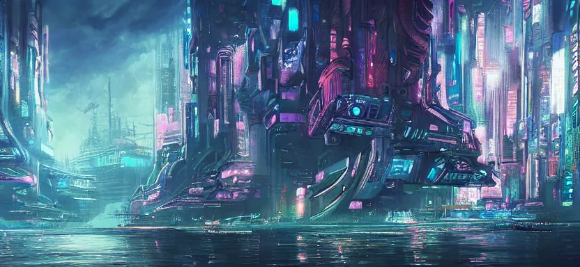 Prompt: beautiful masterpiece painting of a futuristic city under the sea, cyberpunk, by juan ortiz 8k,