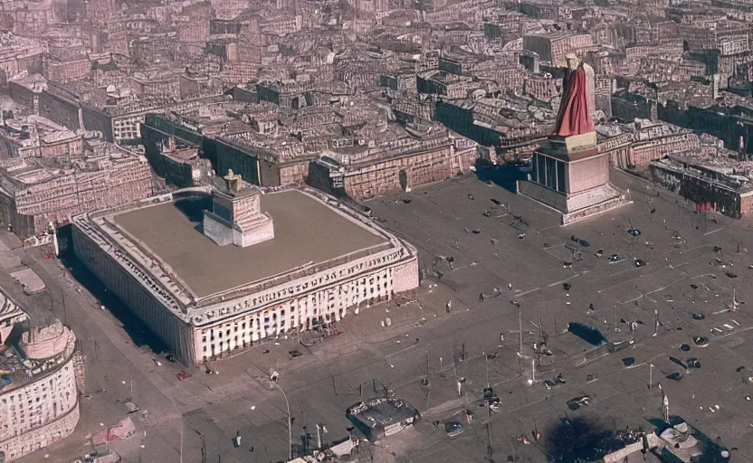 Prompt: high quality 2000s historic footage of soviet square with lenin statue with stanilist style high rise and pedestrians, color aerial photo drone, Cinestill 800t ektachrome, heavy grainy picture, very detailed, high quality, 4k panoramic