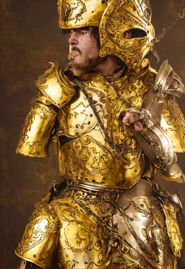 Image similar to man in royal decorated with gold medieval baroque style armor and helmet and big golden cross on his chest rennaisance art style high resolution high detail 4k