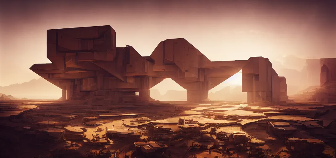 Image similar to view from the desert ground of futuristic blocky brutalist architecture, light rays, symmetry, cinematic lighting, ultra detailed, sharp, ambient occlusion, bloom, raytracing, by greg rutowski, finnian macmanus and jessica rossier