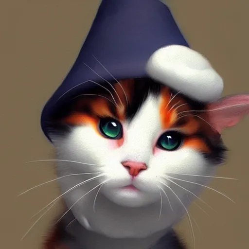 Image similar to a cute calico cat in a hat, artstation, cgsociety, storybook art