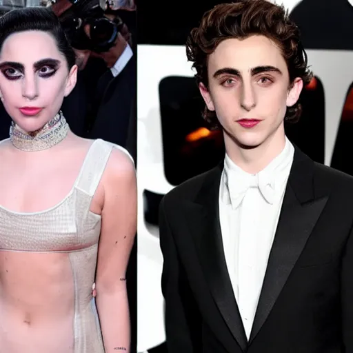 Image similar to timothee chalamet and lady gaga meet eachother, highly beautiful faces, highly detailed