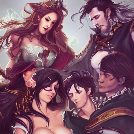 Prompt: fantasy bard surrounded by his harem, drawn by artgerm