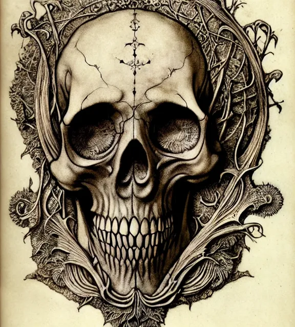 Image similar to memento mori by arthur rackham, art forms of nature by ernst haeckel, exquisitely detailed, art nouveau, gothic, ornately carved beautiful skull dominant, intricately carved antique bone, art nouveau botanicals, ornamental bone carvings, art forms of nature by ernst haeckel, horizontal symmetry, arthur rackham, ernst haeckel, symbolist, visionary