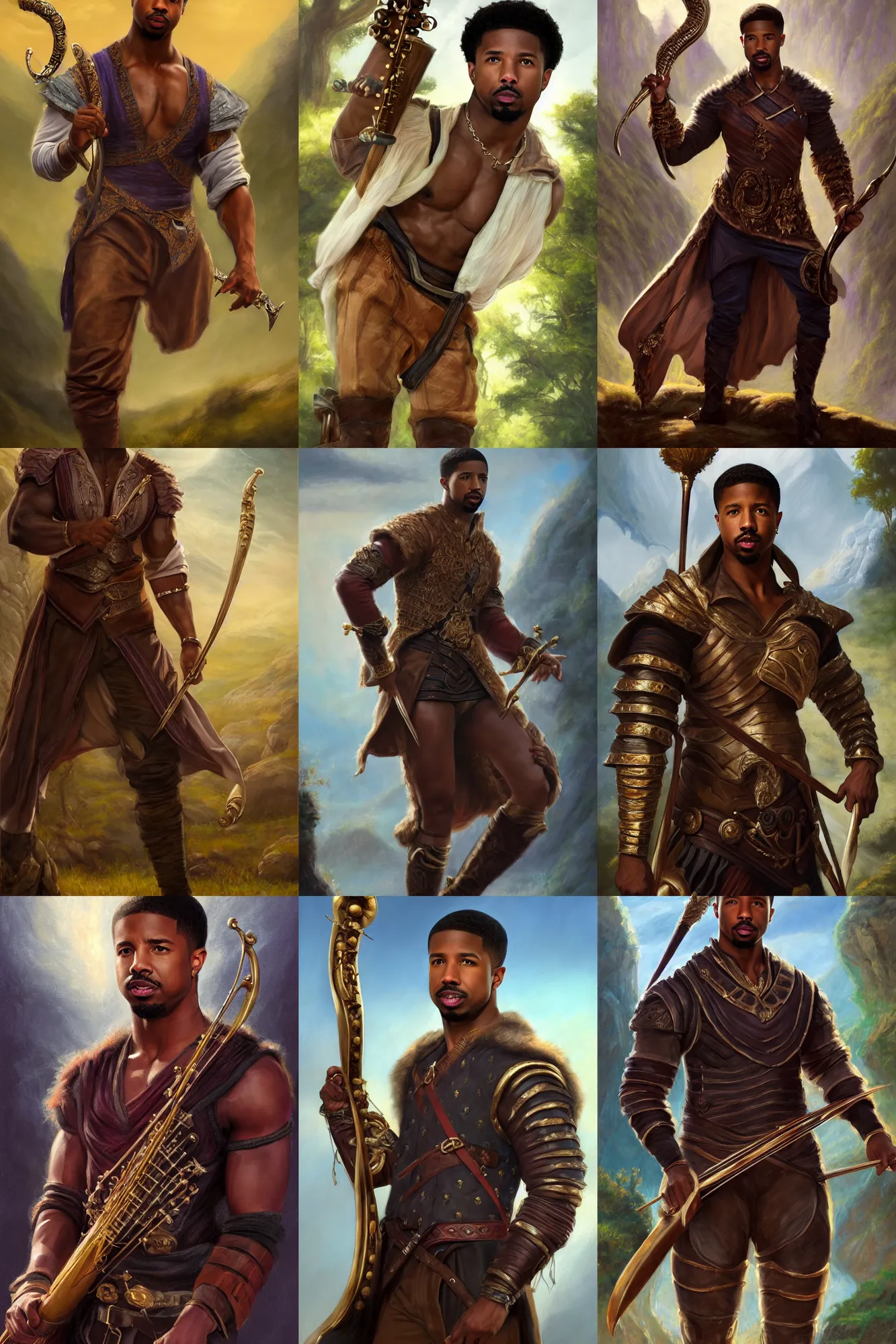 Prompt: a full body high detail fantasy portrait oil painting illustration of michael b. jordan as an elegant male bard by justin sweet with face and body clearly visible, in a scenic background, pupils visible, realistic proportions, d & d, rpg, forgotten realms, artstation trending, high quality, sombre mood, artstation trending, muted colours, entire person visible!