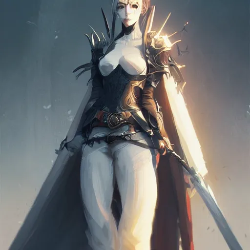 Prompt: trending on artstation, holding a sword, vampire, character design, concept art, style of greg rutkowski, makoto shinkai, pretty face, forward facing, fantasy armor, highly detailed, digital art, witch, female