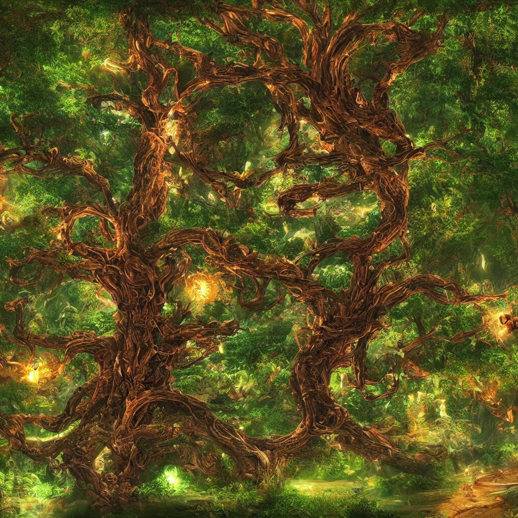 Image similar to fantasy tree of life in garden of eden, hd, hdr, cinematic 4k wallpaper, 8k, ultra detailed, high resolution, artstation