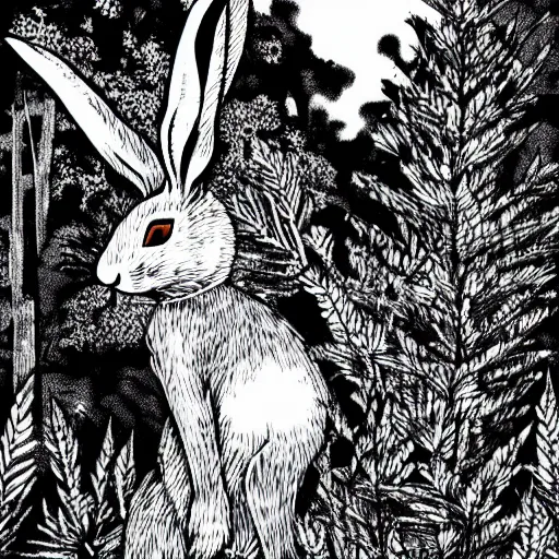 Prompt: a rabbit smoking a cigarette deep in the forest, striking pose, black and white illustration, creative design by junji ito